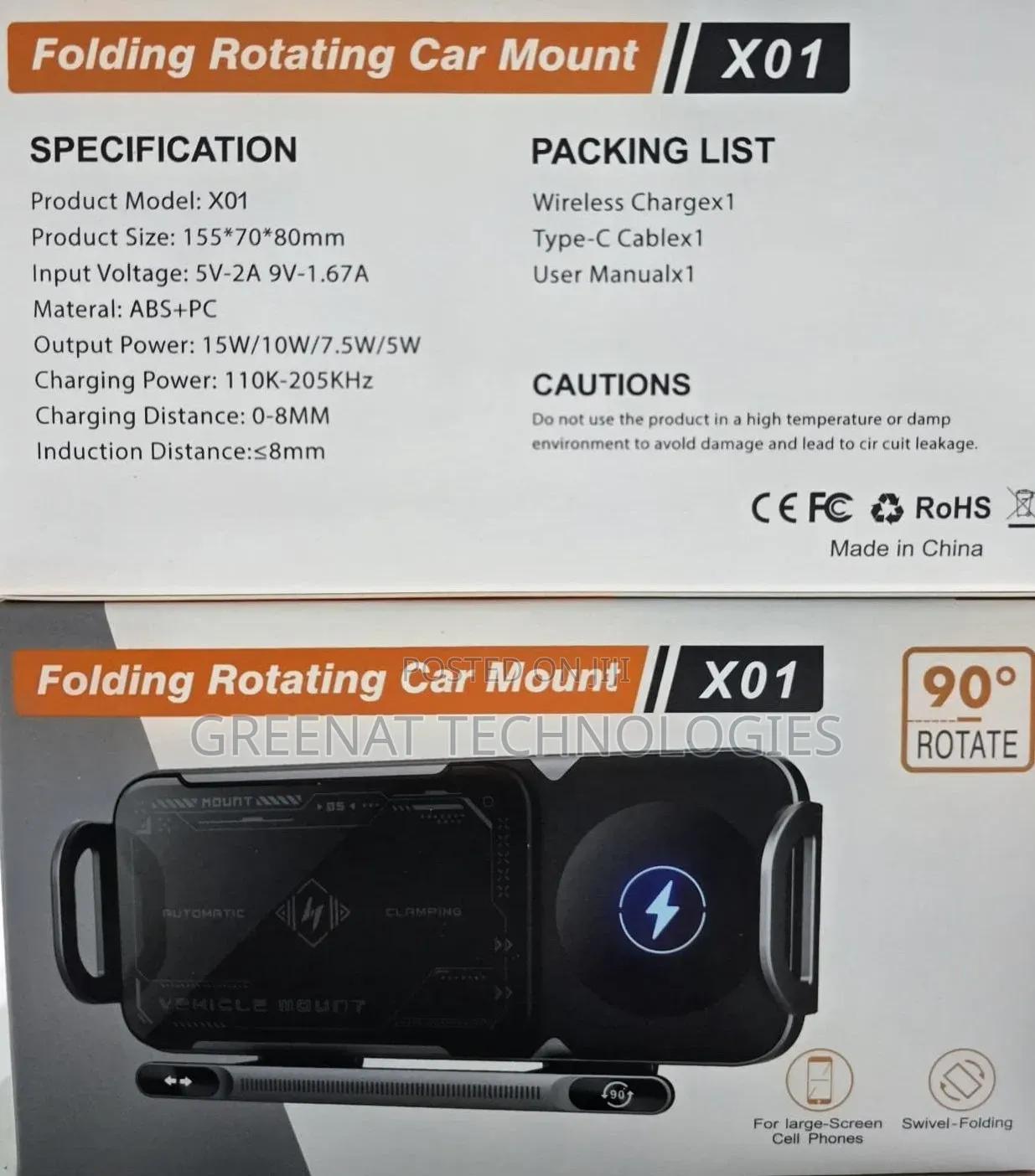 Folding Rotating Car Mount 90° Rotate Swivel-Folding Wireless Charger