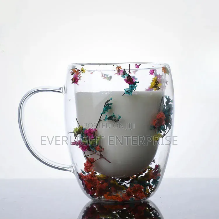 * Insulated Double Wall Glass Cup Dried Flower Coffee Cup