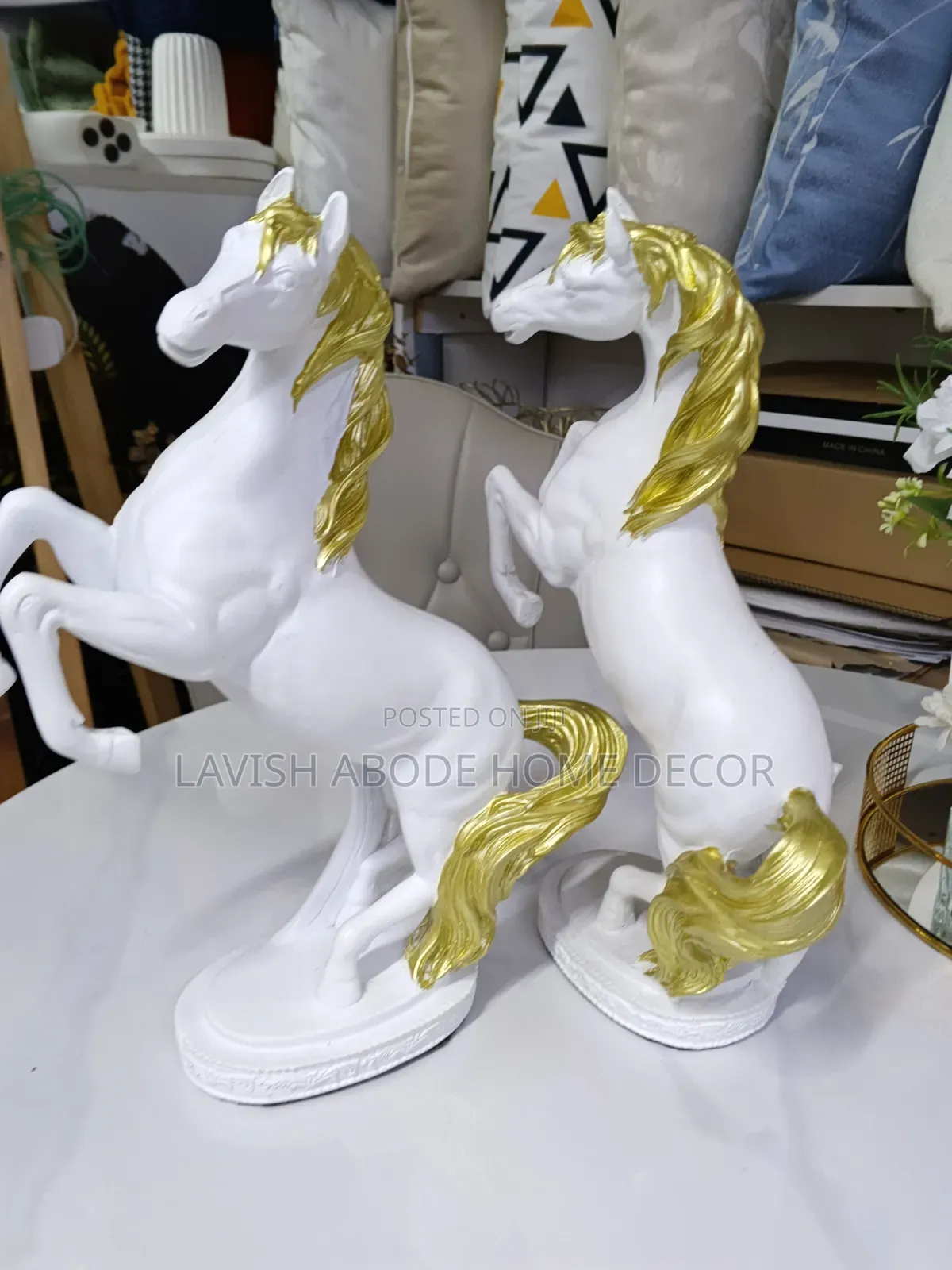 White Resin Horse With Gold Stripes – Elegant Decorative  Figurine