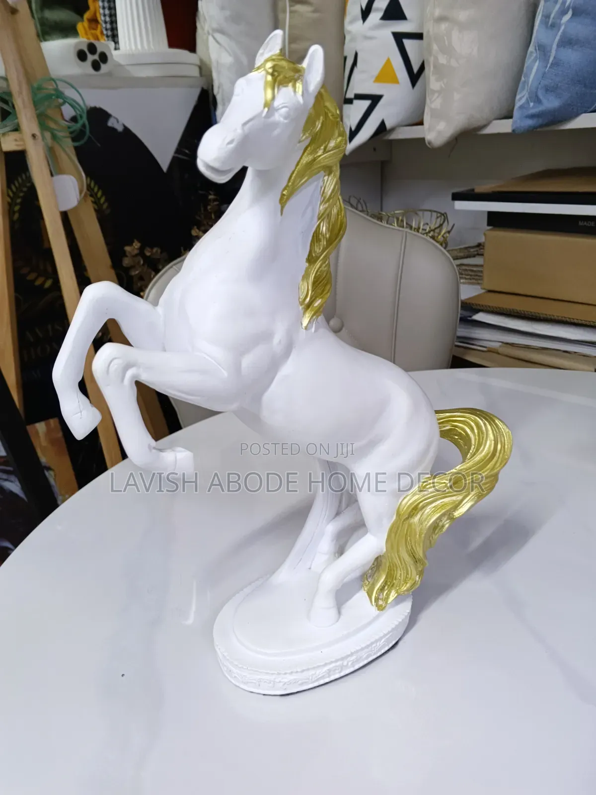 White Resin Horse With Gold Stripes – Elegant Decorative  Figurine