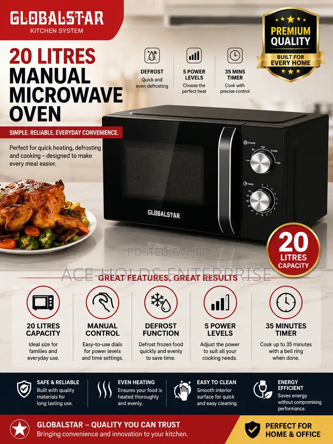 Globalstar 20 Litres Manual Microwave Oven – Silver/ Black