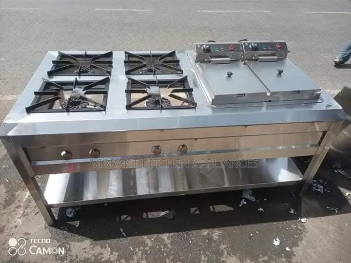 Combined Commercial Cooking Unit — 4-Burner + Double Electric Fryer