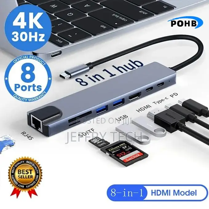 OHB Hub HDMI Adaptateur USB Type-C 8 en 1 Cent MBPS Gris Argenté