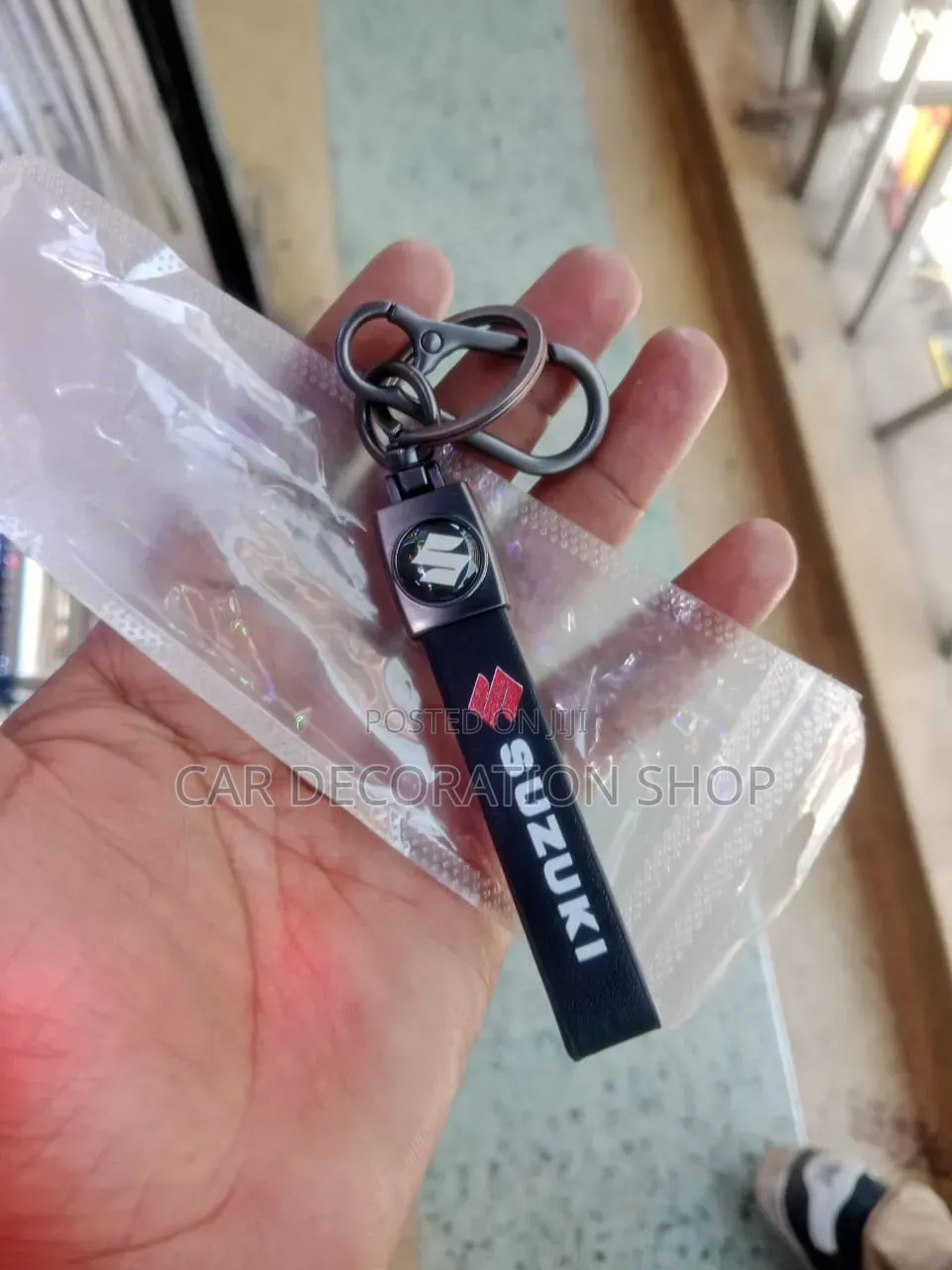 Faux/Synthetic Leather Strap Suzuki Keychain With Metallic Hardware