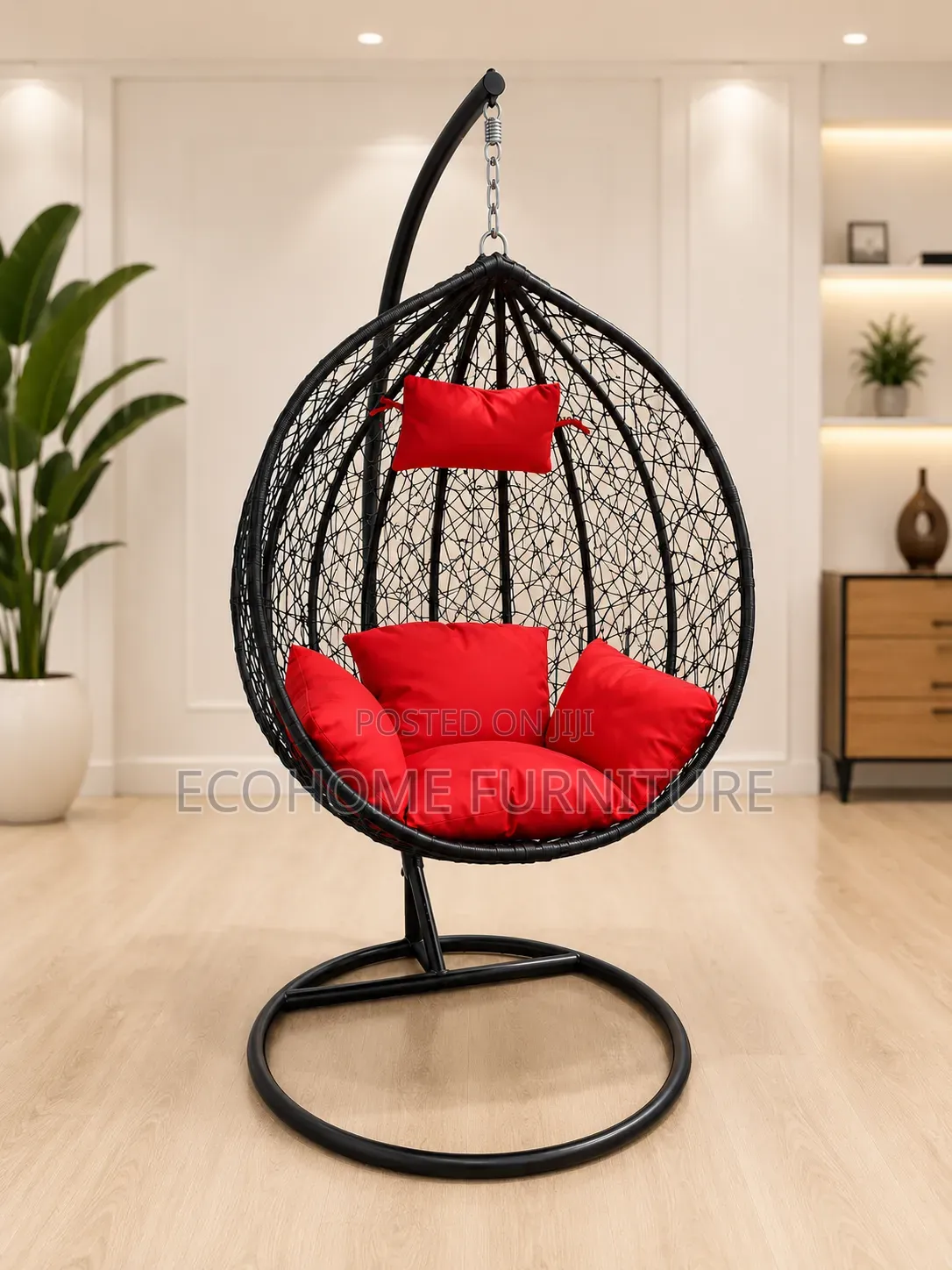 Hanging Egg Chair – Black With Red Cushions