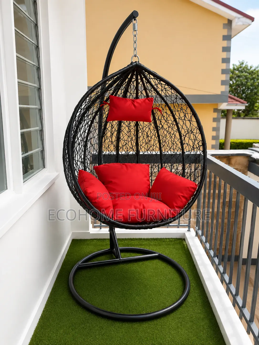 Hanging Egg Chair – Black With Red Cushions