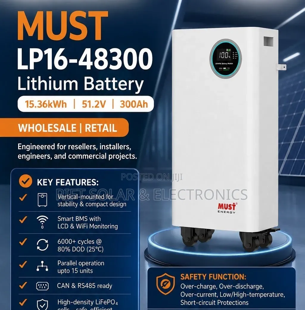 Must 15.36kwh - 51.2V (300Ah) Lithium Ion Battery  6000 Cycle 80% DOD