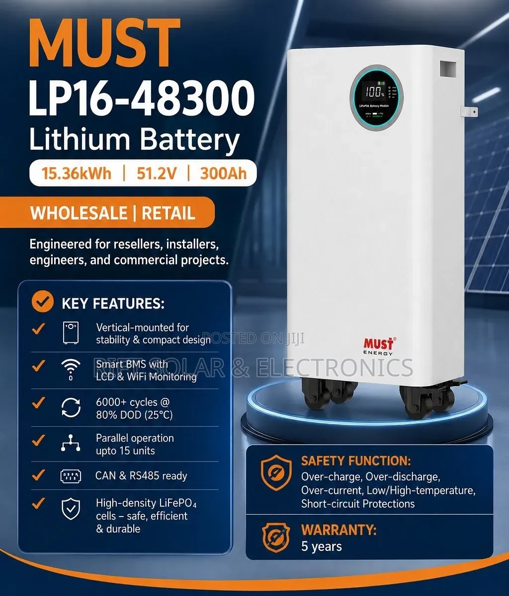 Must 15.36kwh - 51.2V (300Ah) Lithium Ion Battery  6000 Cycle 80% DOD