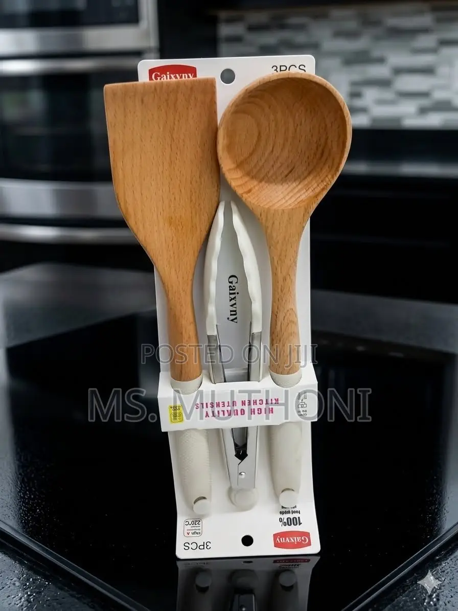 Premium Beechwood Spatula, Ladle, and Tongs TrioHigh-Quality