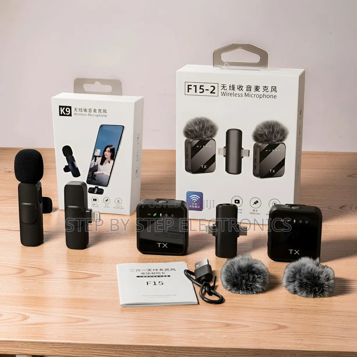 K9,f15-2 Wireless Lavalier Microphone 2TX for Live Streaming