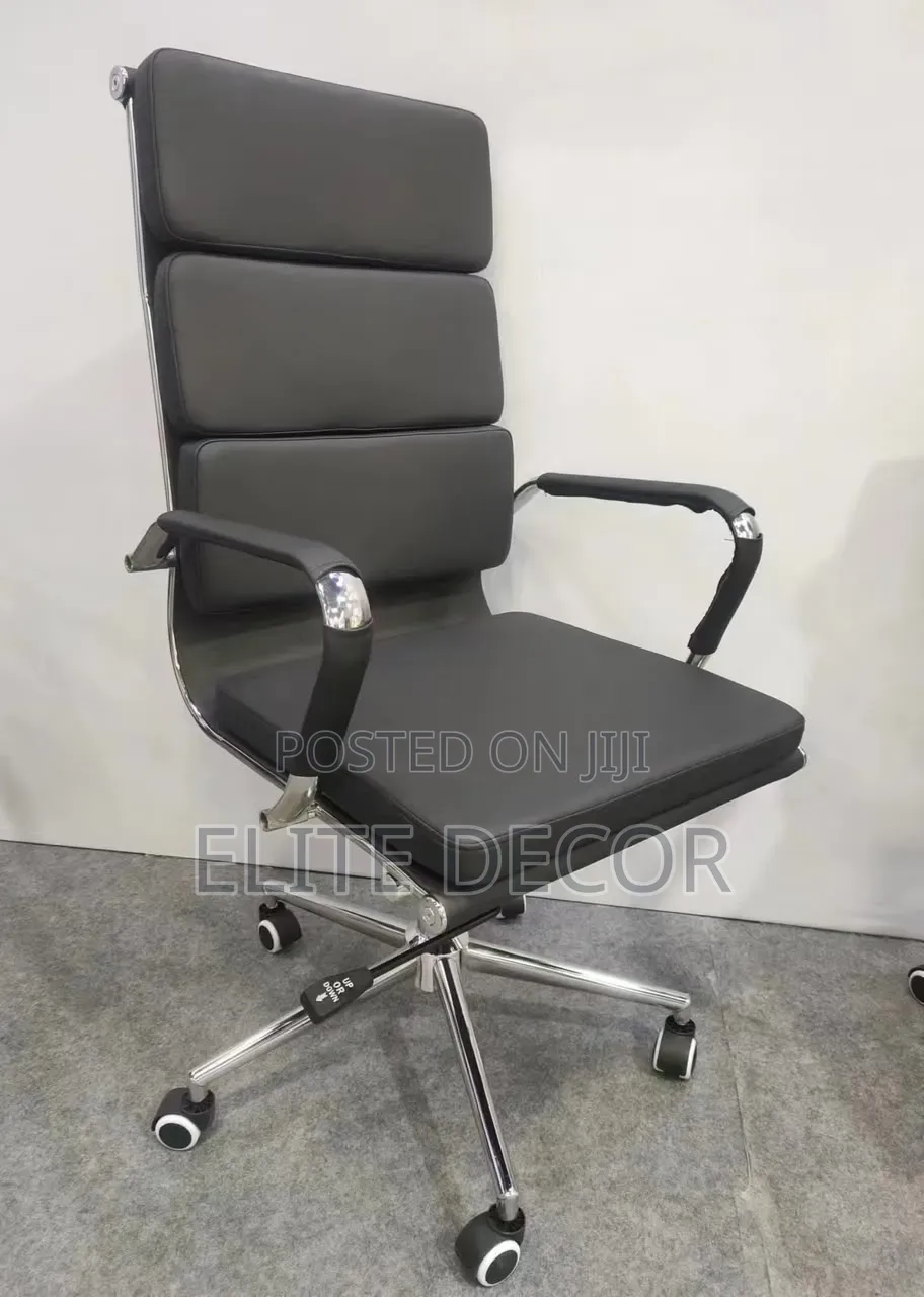 High-Back Executive Office Chair – Black Faux Leather, Chrome Base