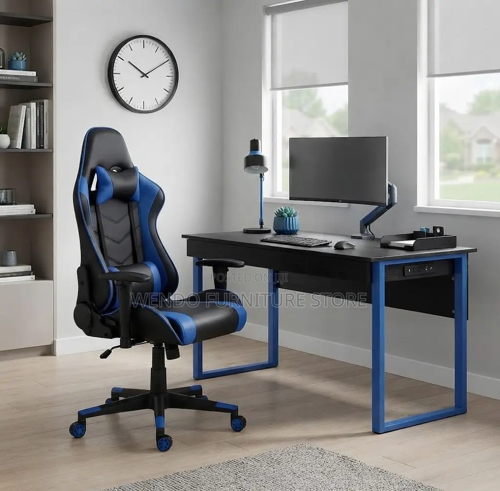 Office Chairs; Blue-Black Ergonomic Swivel Office Leather Gaming Chair