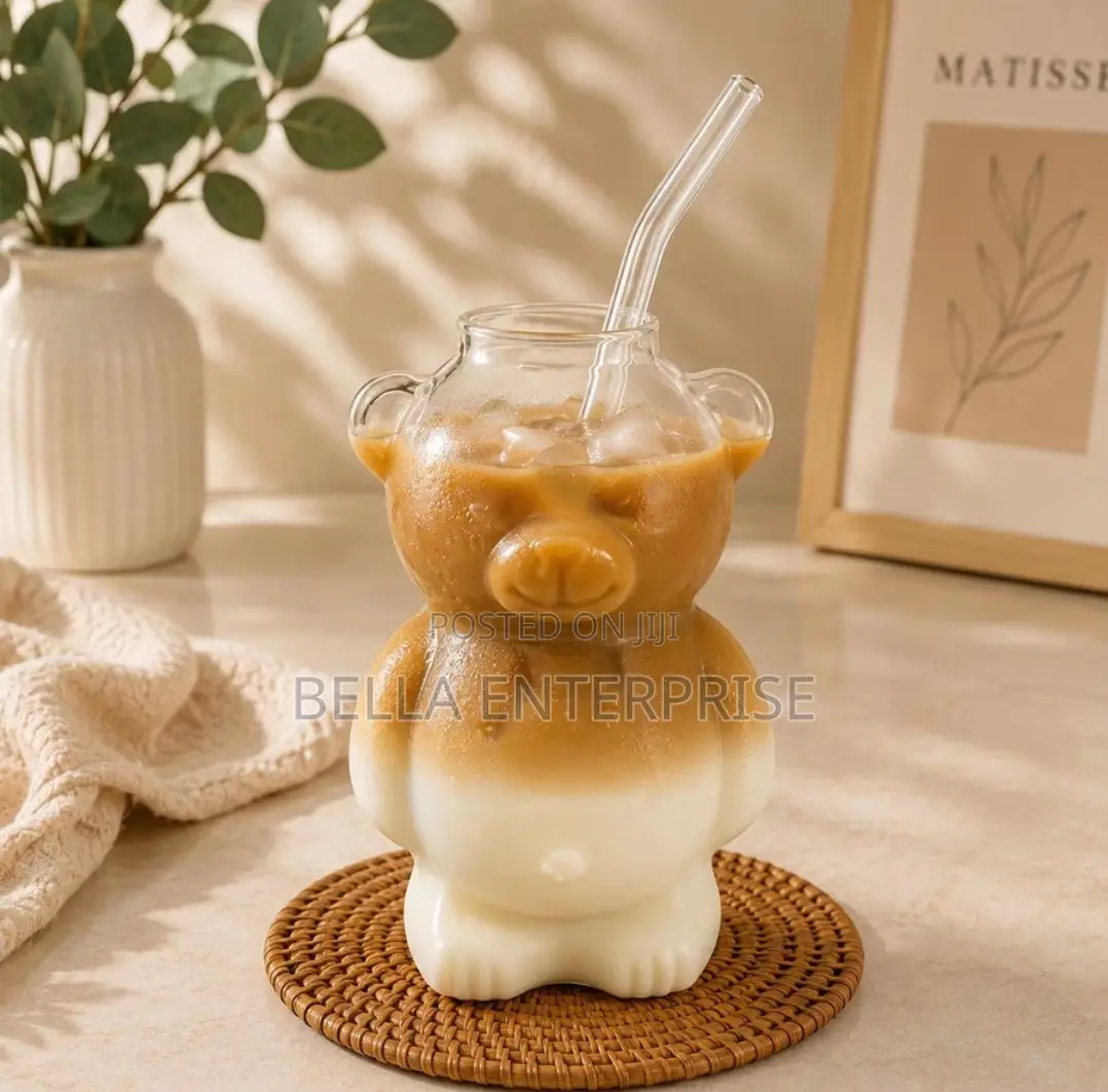 2pcs Set: 1 Bear Glass Cup + 1 Glass Straw