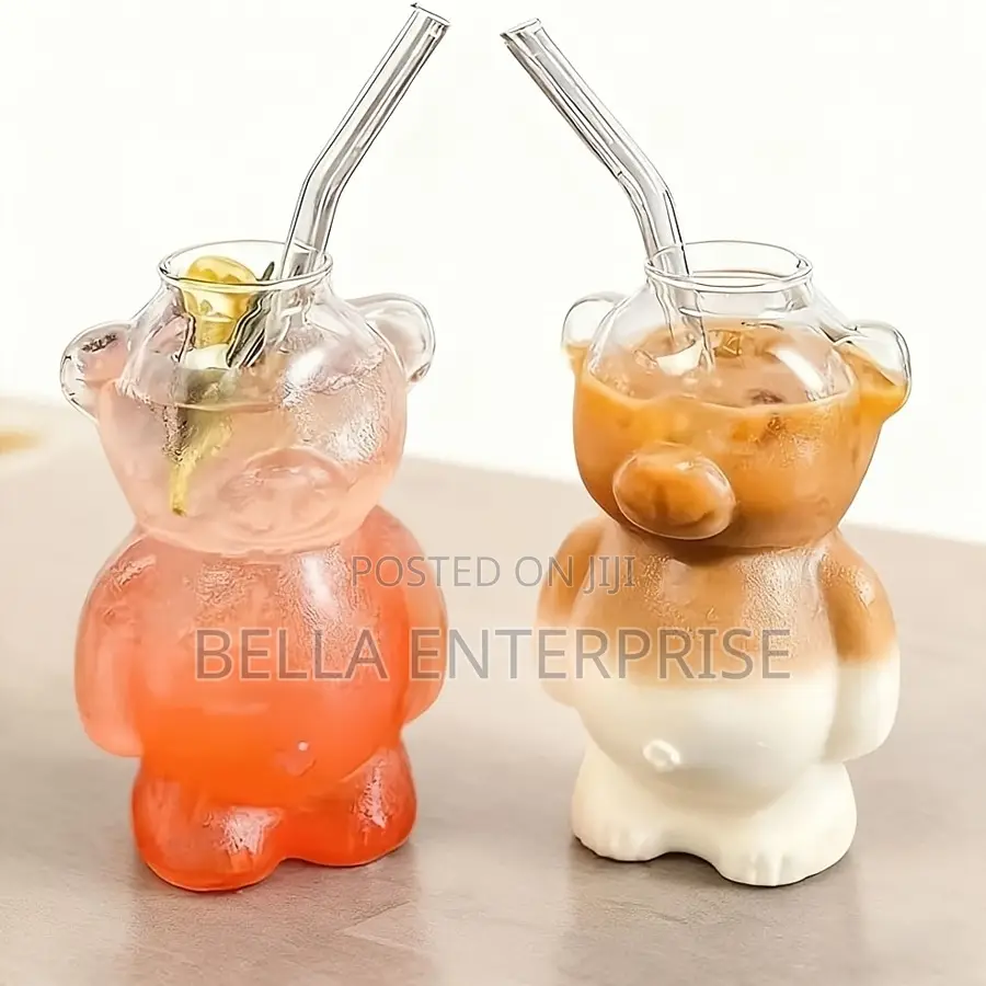 2pcs Set: 1 Bear Glass Cup + 1 Glass Straw