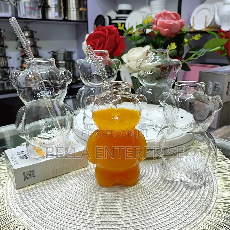 2pcs Set: 1 Bear Glass Cup + 1 Glass Straw