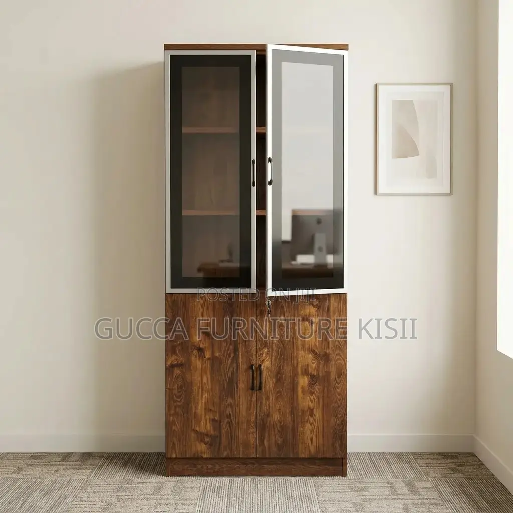 Storage Cabinet; 2-Door Wooden Office Bookcase With Glass on Top