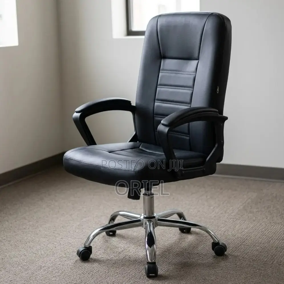 Office Chair : Mid Back Black Leather Padded Swivel Chair