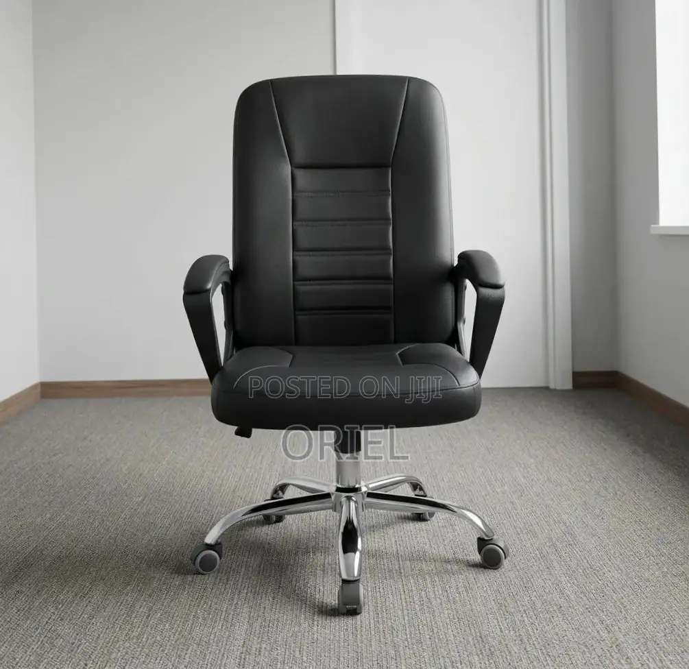 Office Chair : Mid Back Black Leather Padded Swivel Chair