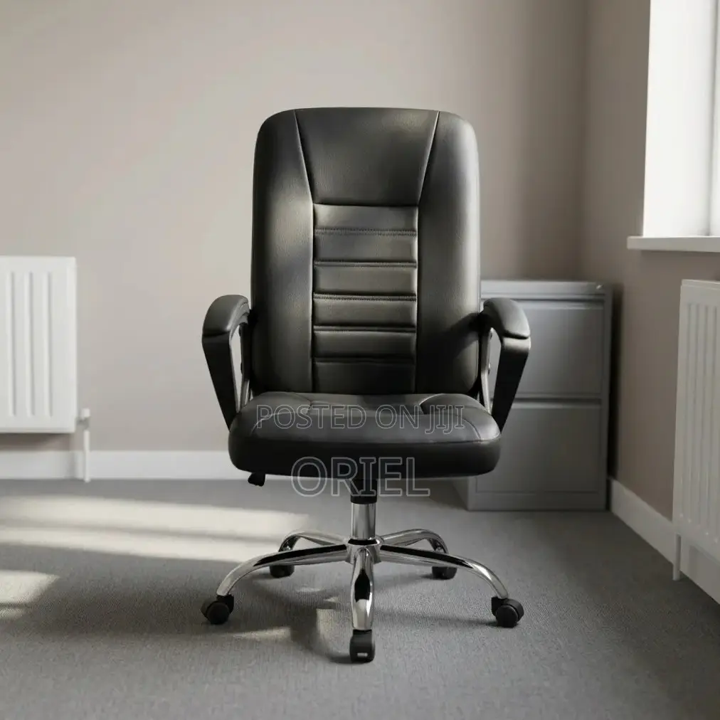 Office Chair : Mid Back Black Leather Padded Swivel Chair