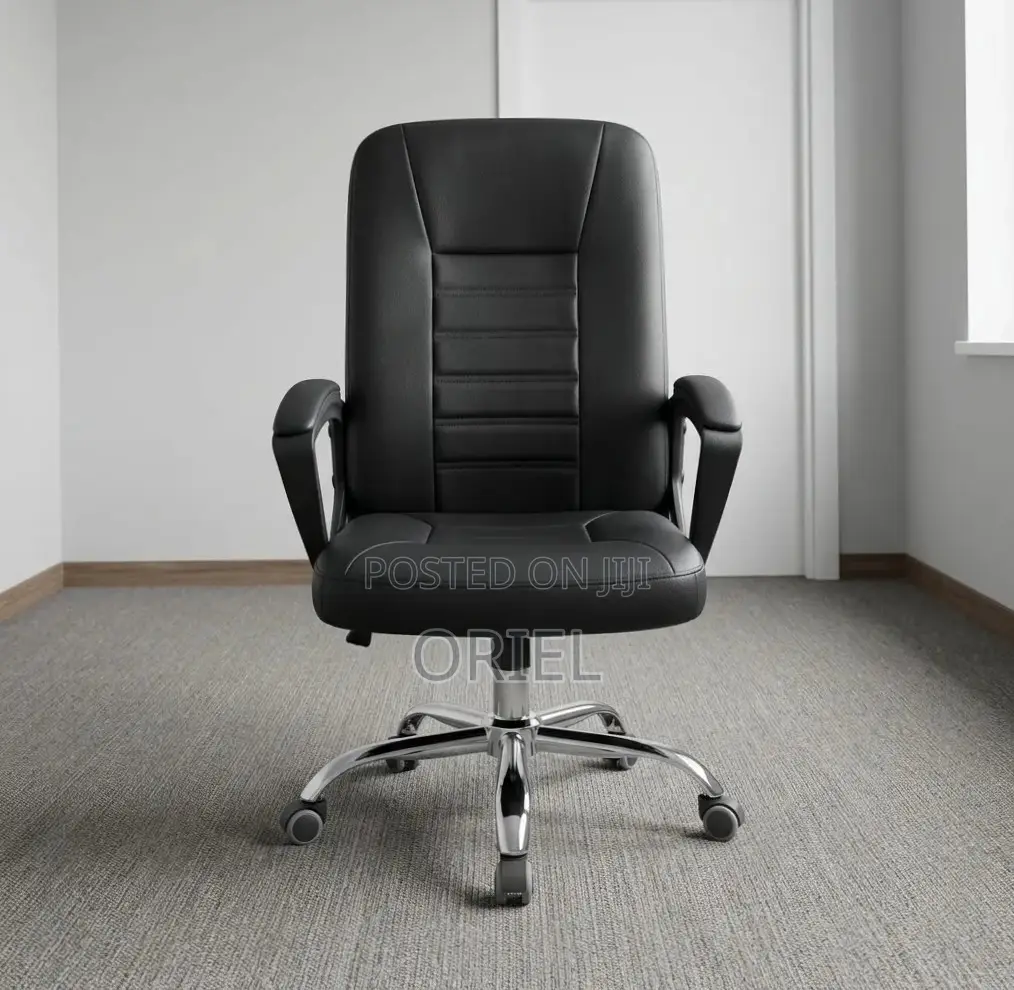 Office Chair : Mid Back Black Leather Padded Swivel Chair