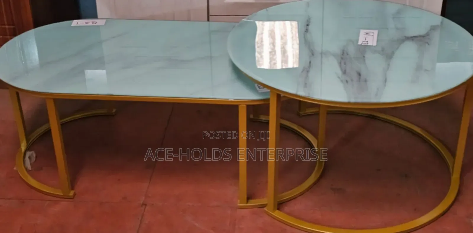 2 in 1 Marble Nesting Oval Coffee Table (Glass Effect) White and Black