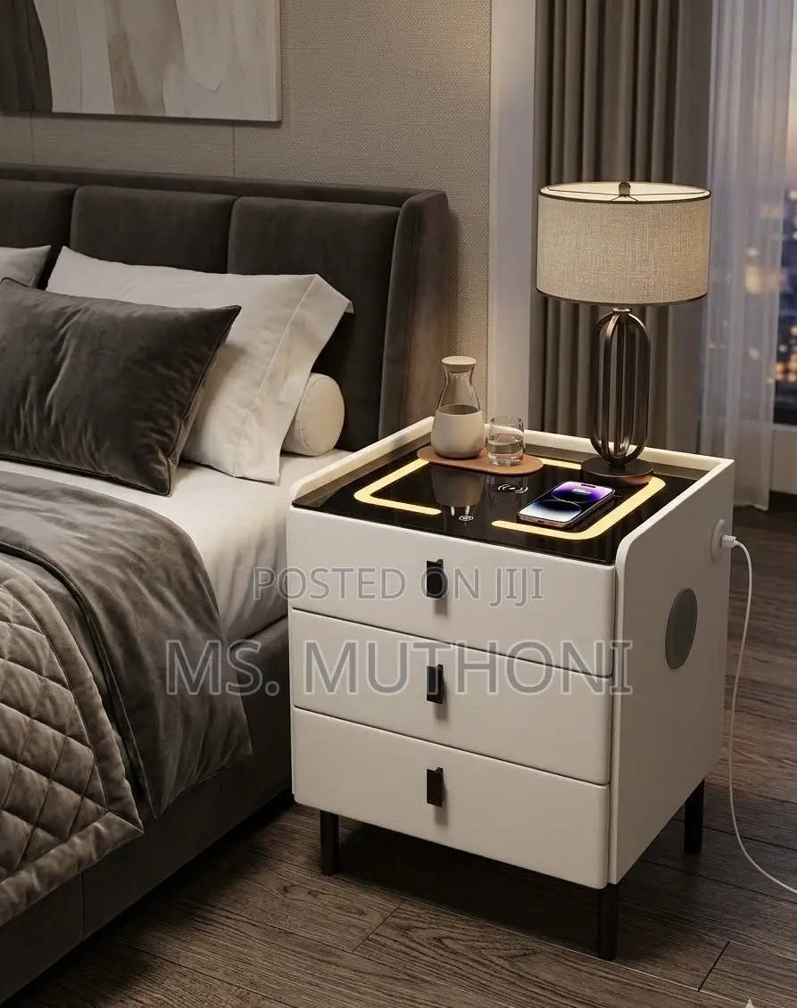 🔊 White Smart Bedside Table With Three Pull-Out Drawers, a Glass Top