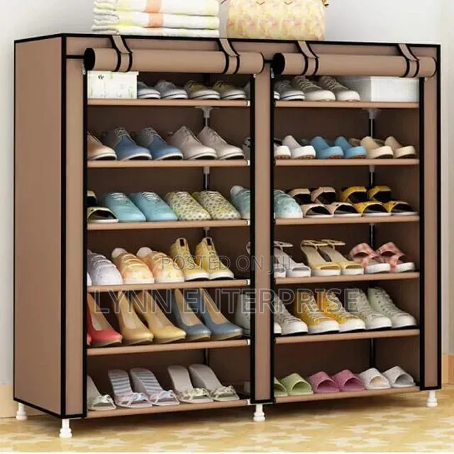 Brown Double Column Shoe Rack With Canvas Cover