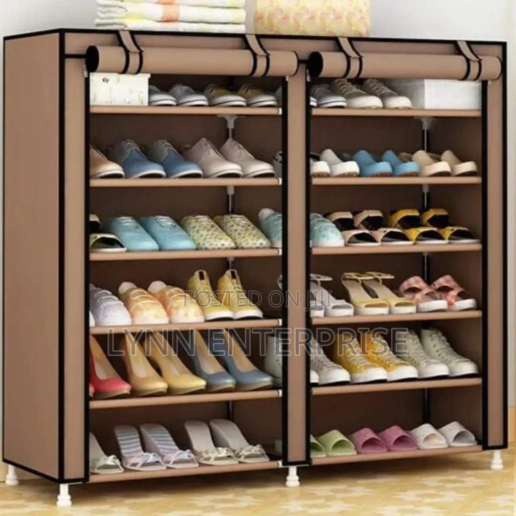 Brown Double Column Shoe Rack With Canvas Cover