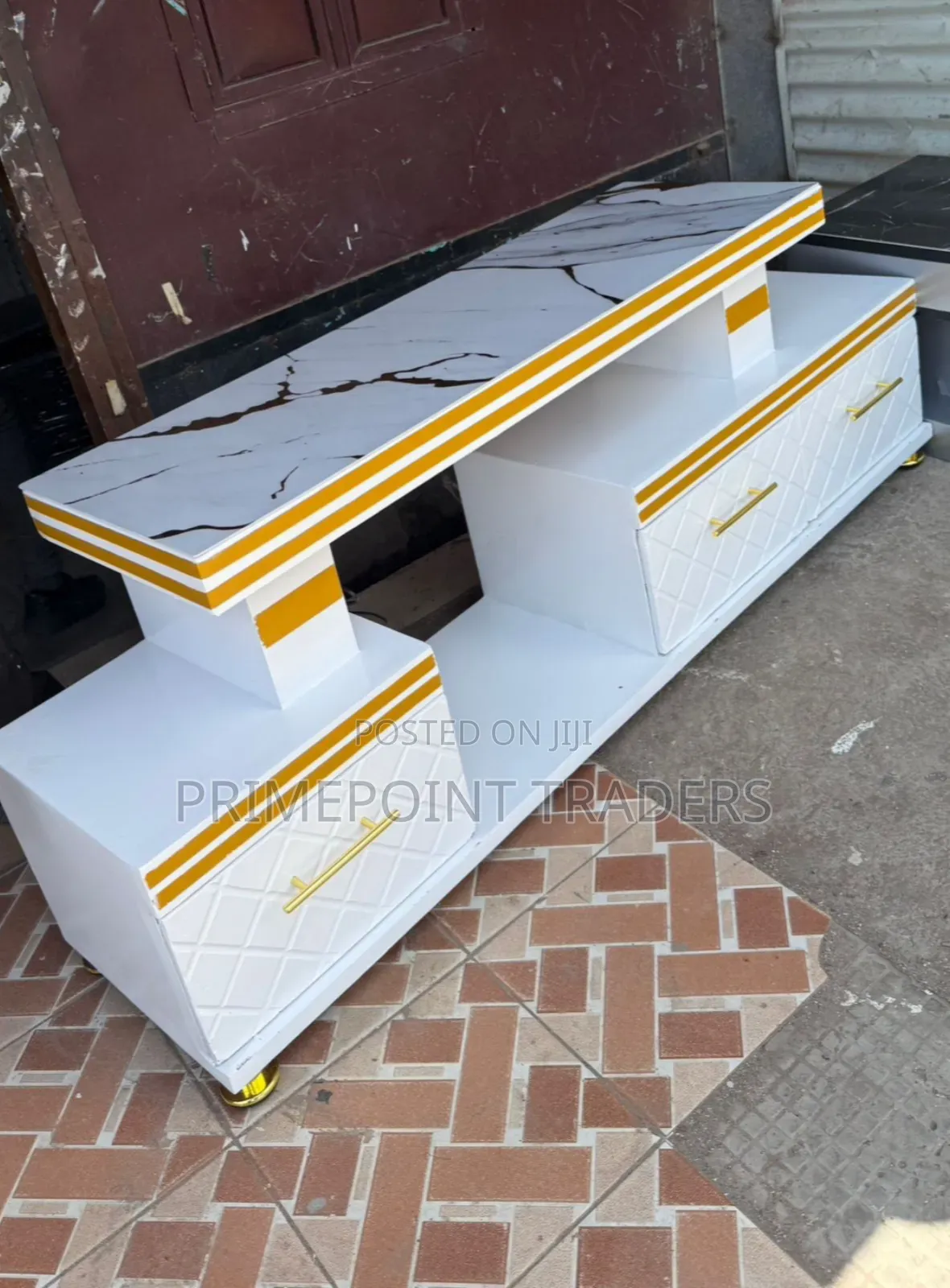 Luxury White Marble-Finish TV Console With Single Light