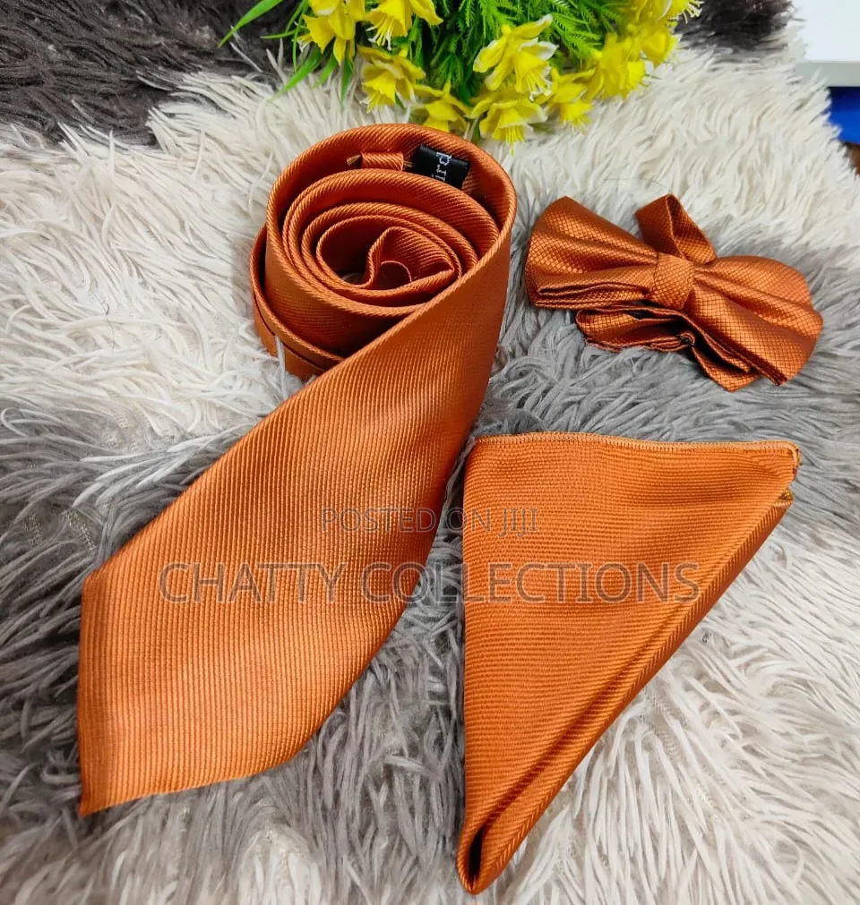 Burnt Orange Men Ties With Pocket Square and Bow Tie Set