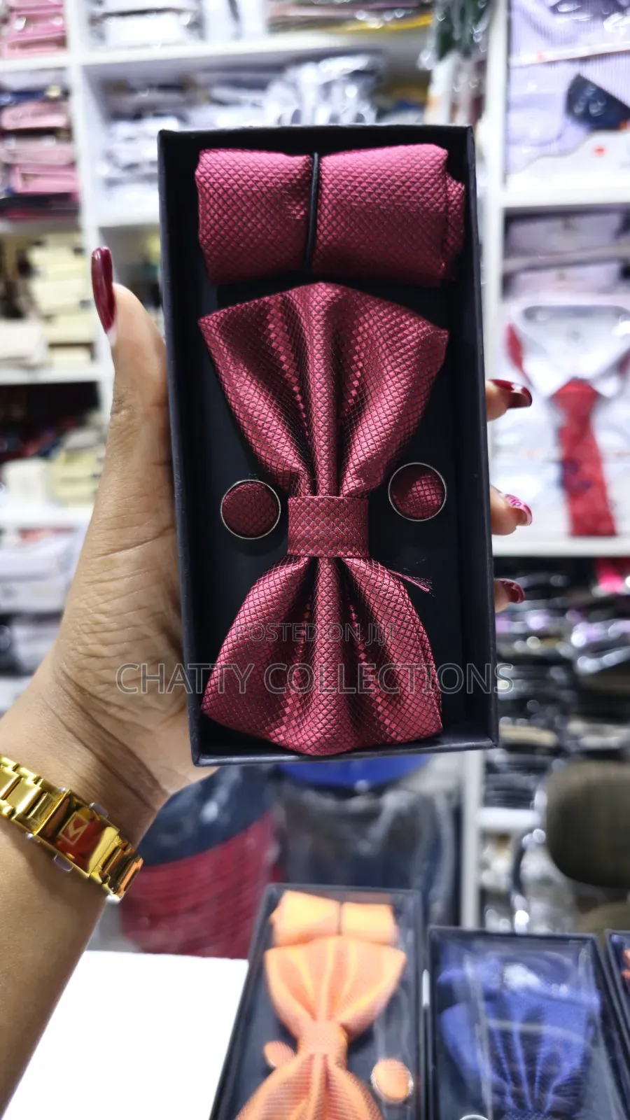 Unisex Maroon Bow Tie Set With Pocket Square and Cufflinks