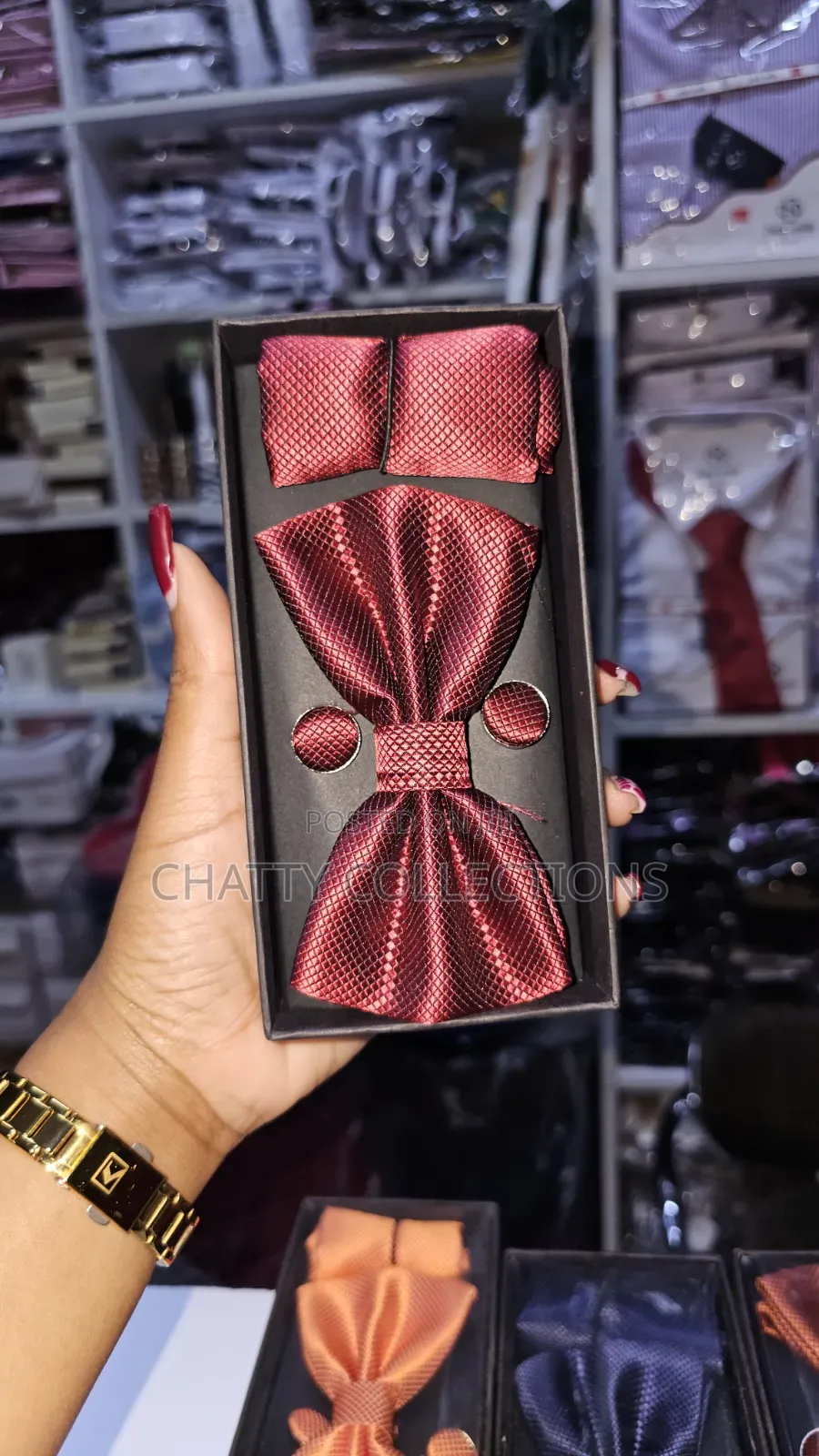Unisex Maroon Bow Tie Set With Pocket Square and Cufflinks
