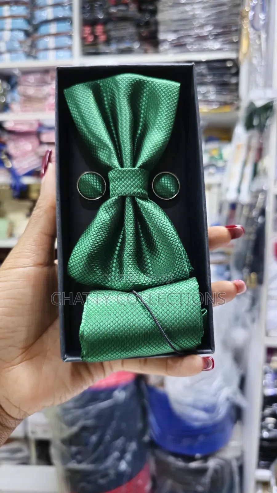 Unisex Green Bow Tie Set With Pocket Square and Cufflinks