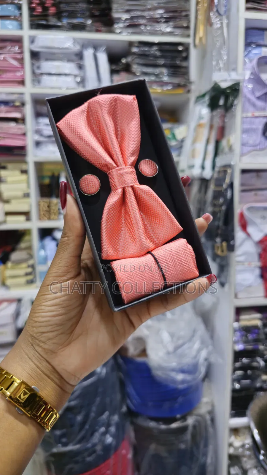 Unisex Peach Pink Bow Tie Set With Pocket Square and Cufflinks