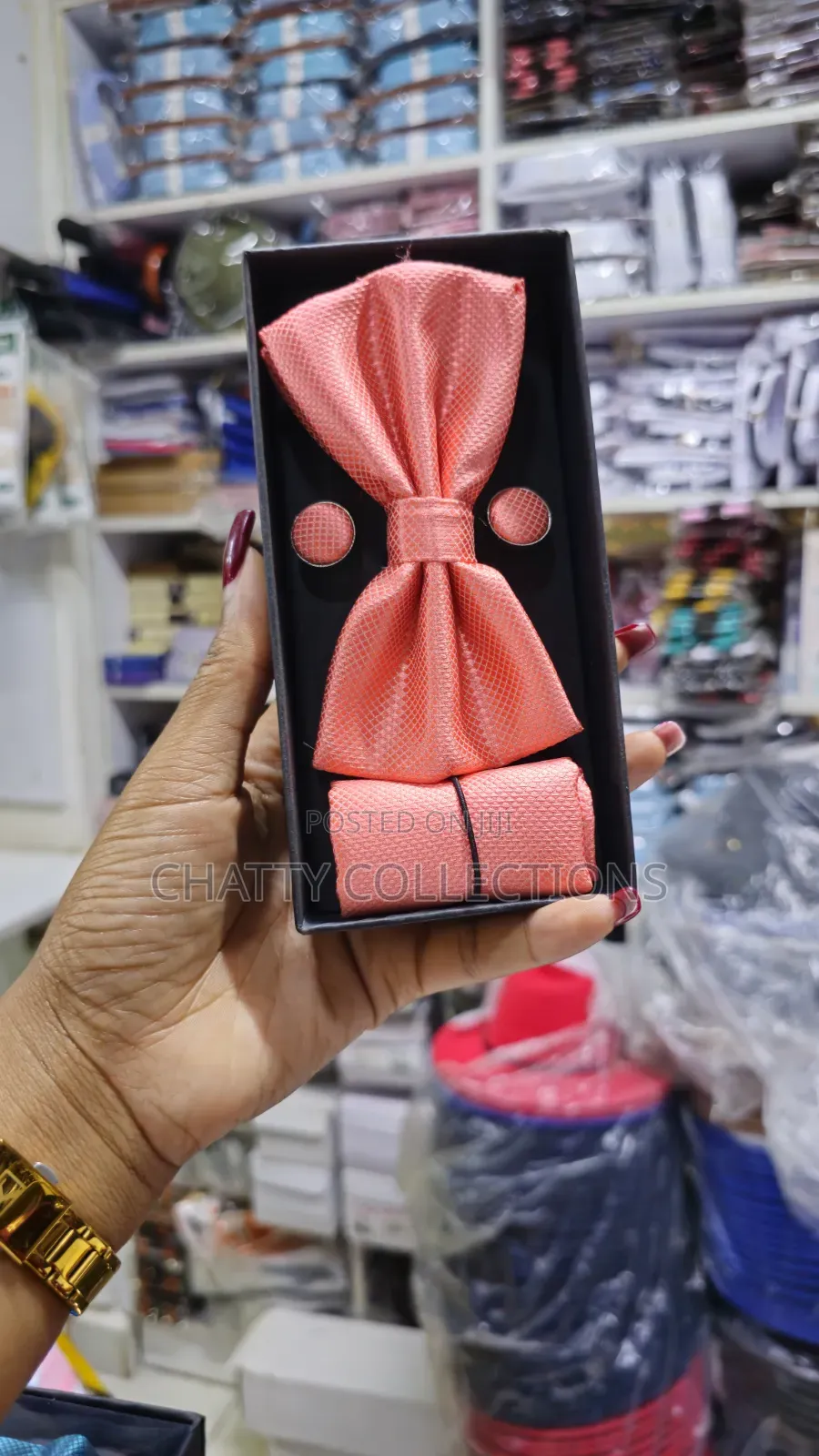 Unisex Peach Pink Bow Tie Set With Pocket Square and Cufflinks