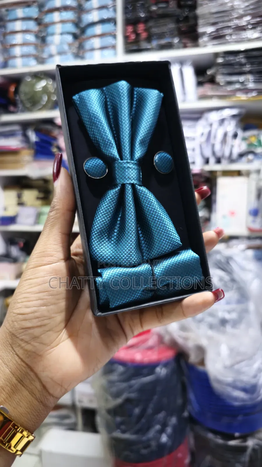 Unisex Turquoise Blue Bow Tie Set With Pocket Square and Cufflinks