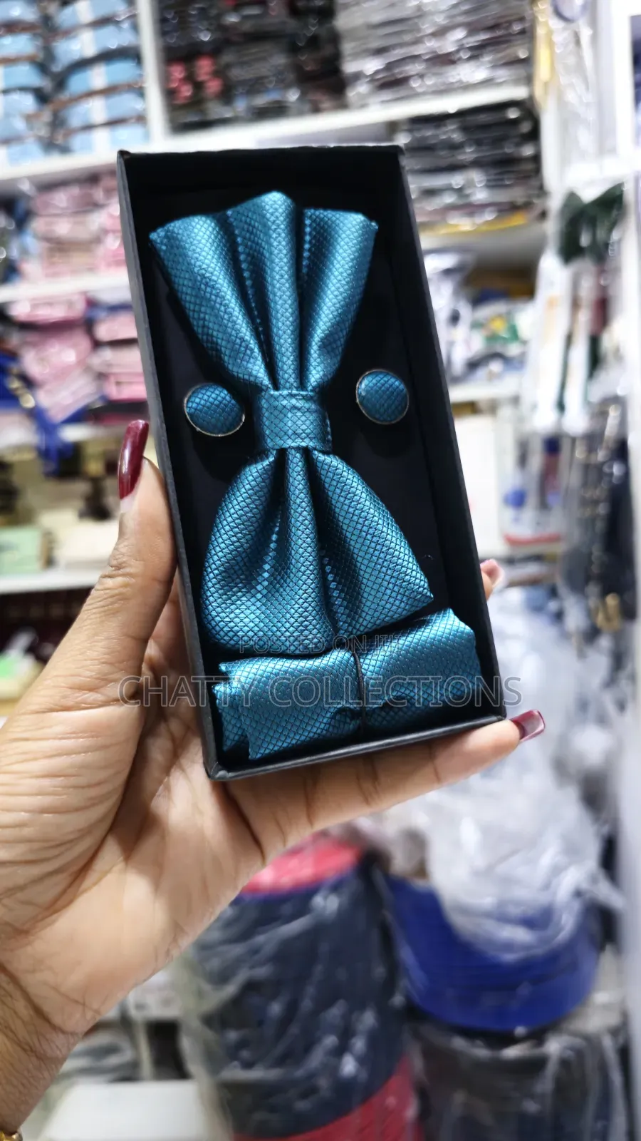 Unisex Turquoise Blue Bow Tie Set With Pocket Square and Cufflinks