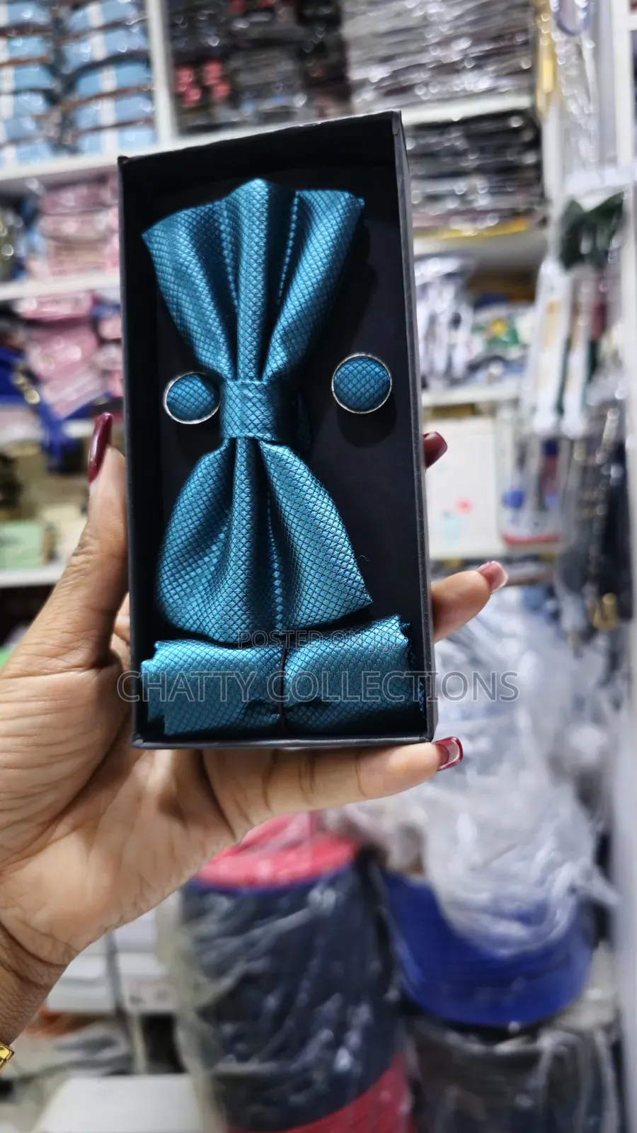 Unisex Turquoise Blue Bow Tie Set With Pocket Square and Cufflinks
