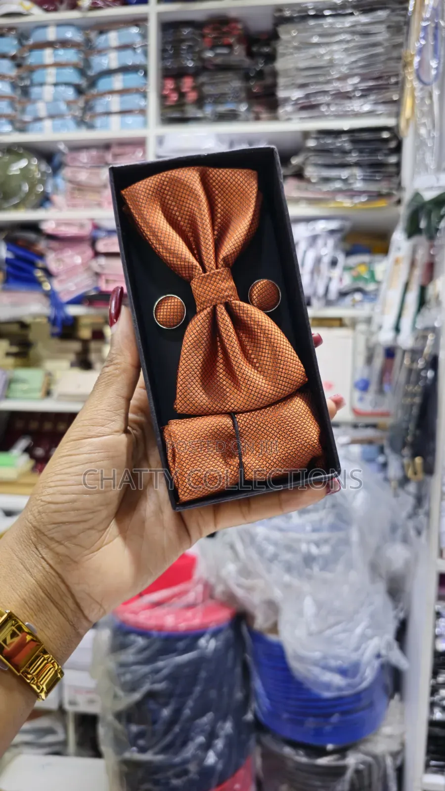 Unisex Burnt Orange Bow Tie Set With Pocket Square and Cufflinks