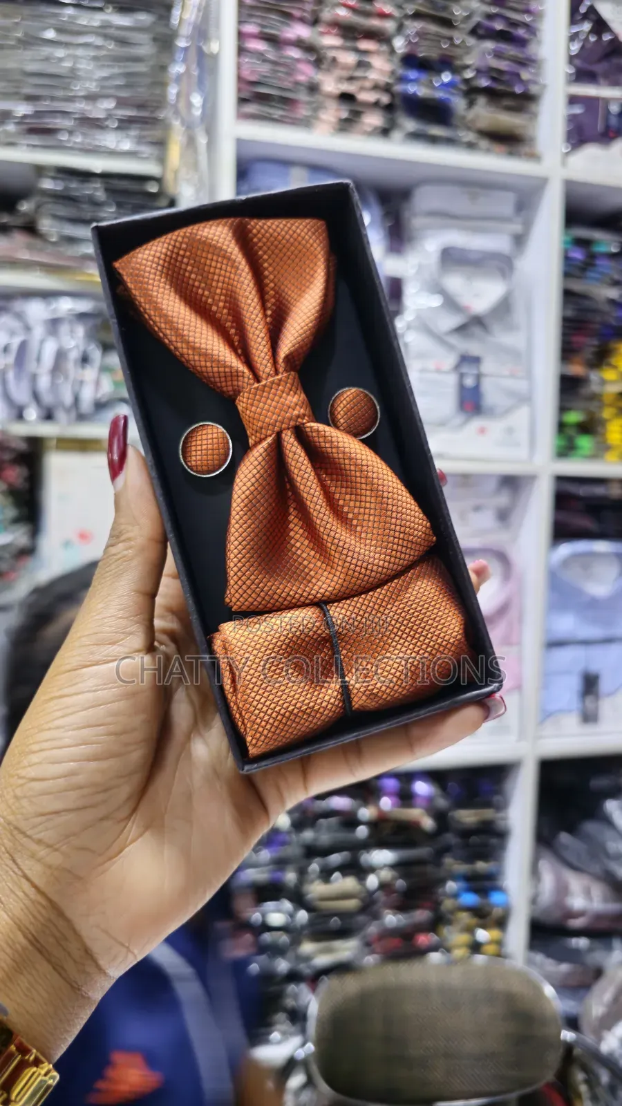 Unisex Burnt Orange Bow Tie Set With Pocket Square and Cufflinks