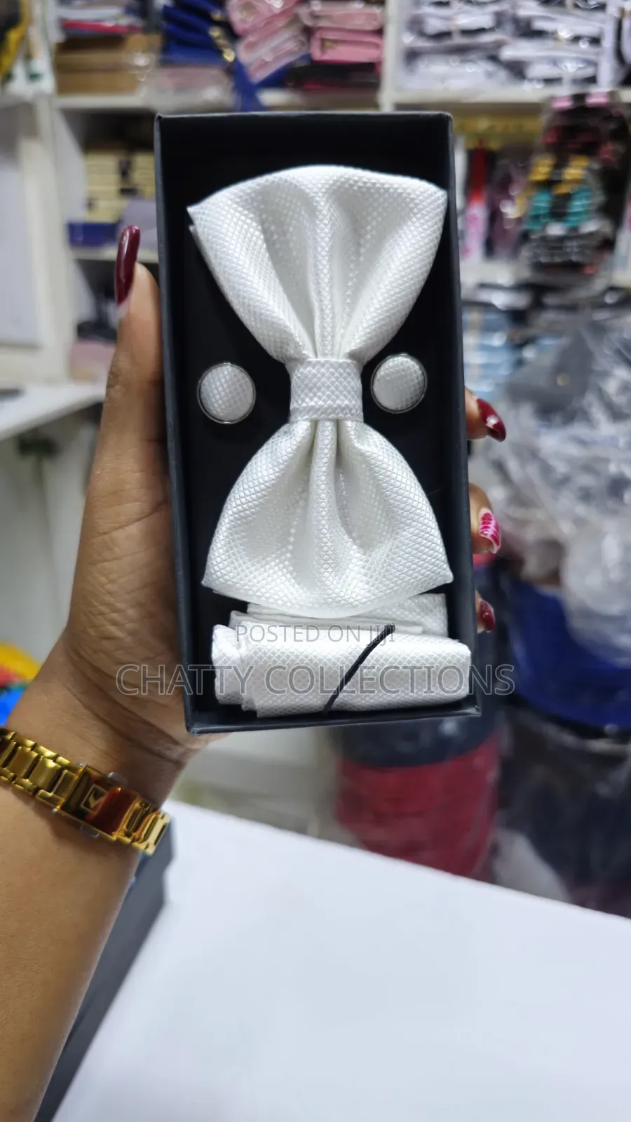 Unisex White  Bow Tie Set With Pocket Square and Cufflinks