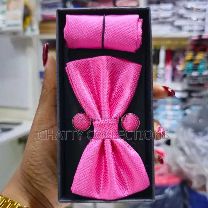 Unisex Hot Pink  Bow Tie Set With Pocket Square and Cufflinks