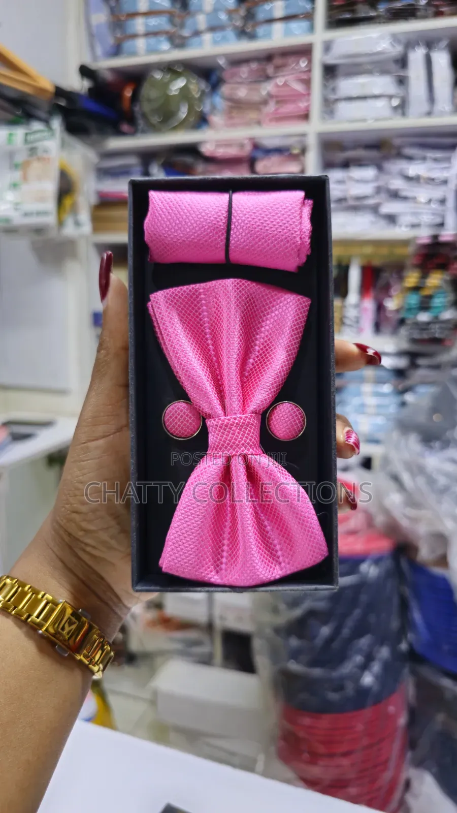 Unisex Hot Pink  Bow Tie Set With Pocket Square and Cufflinks
