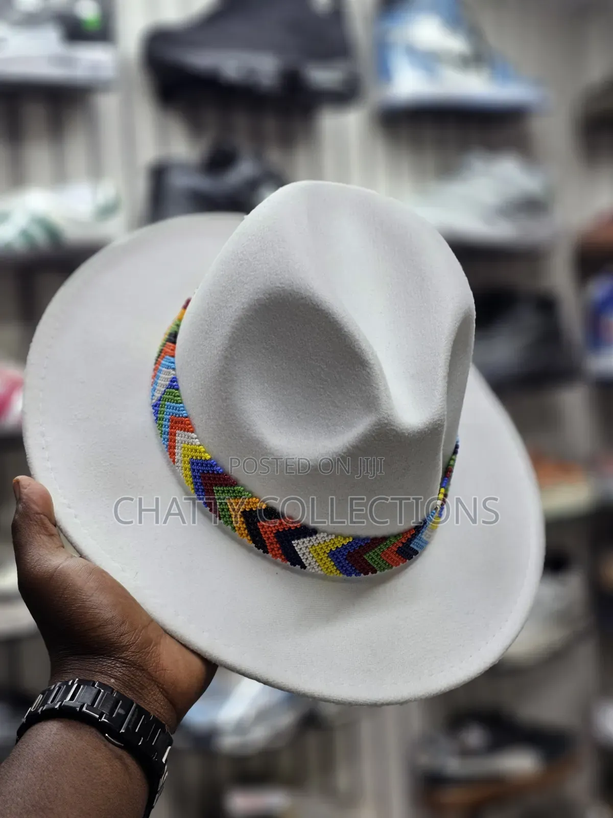 White Wide Brim Unisex Beaded Fedora