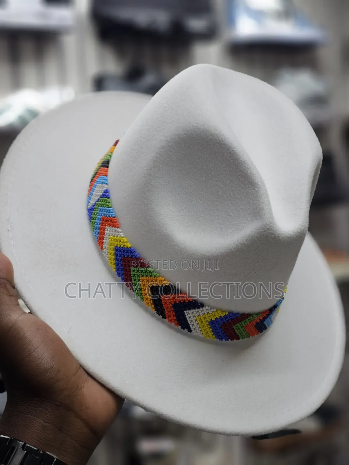 White Wide Brim Unisex Beaded Fedora
