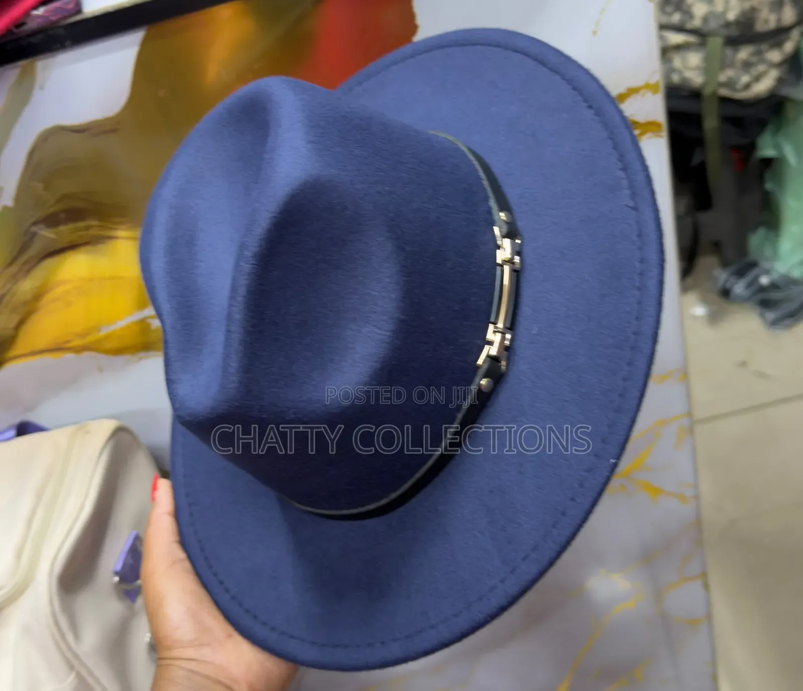 Navy Blue Unisex Wide Brim Fedora Hats With Black Ribbon