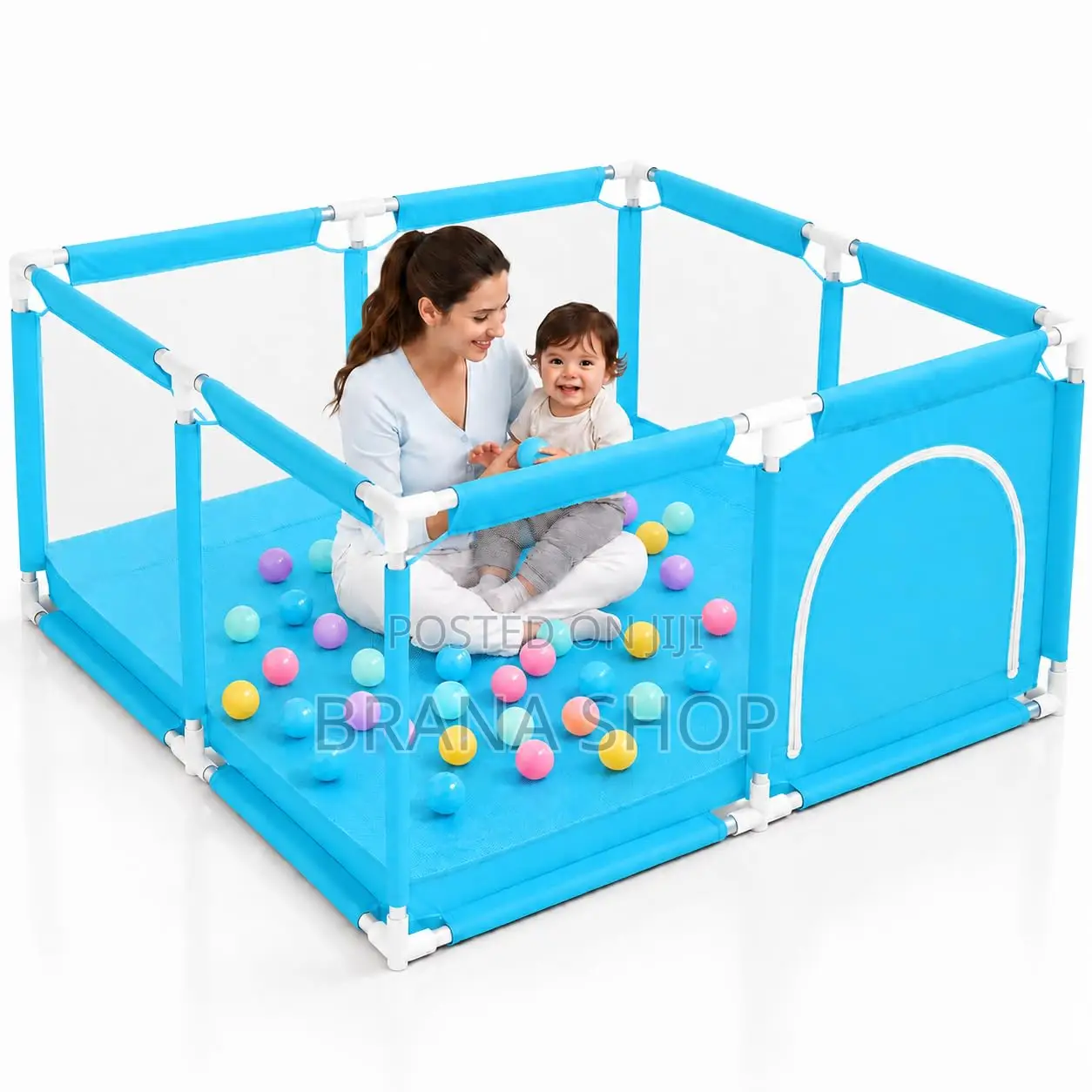 Blue Child Safety Fence Playpen With Ball Pit & Basketball Net