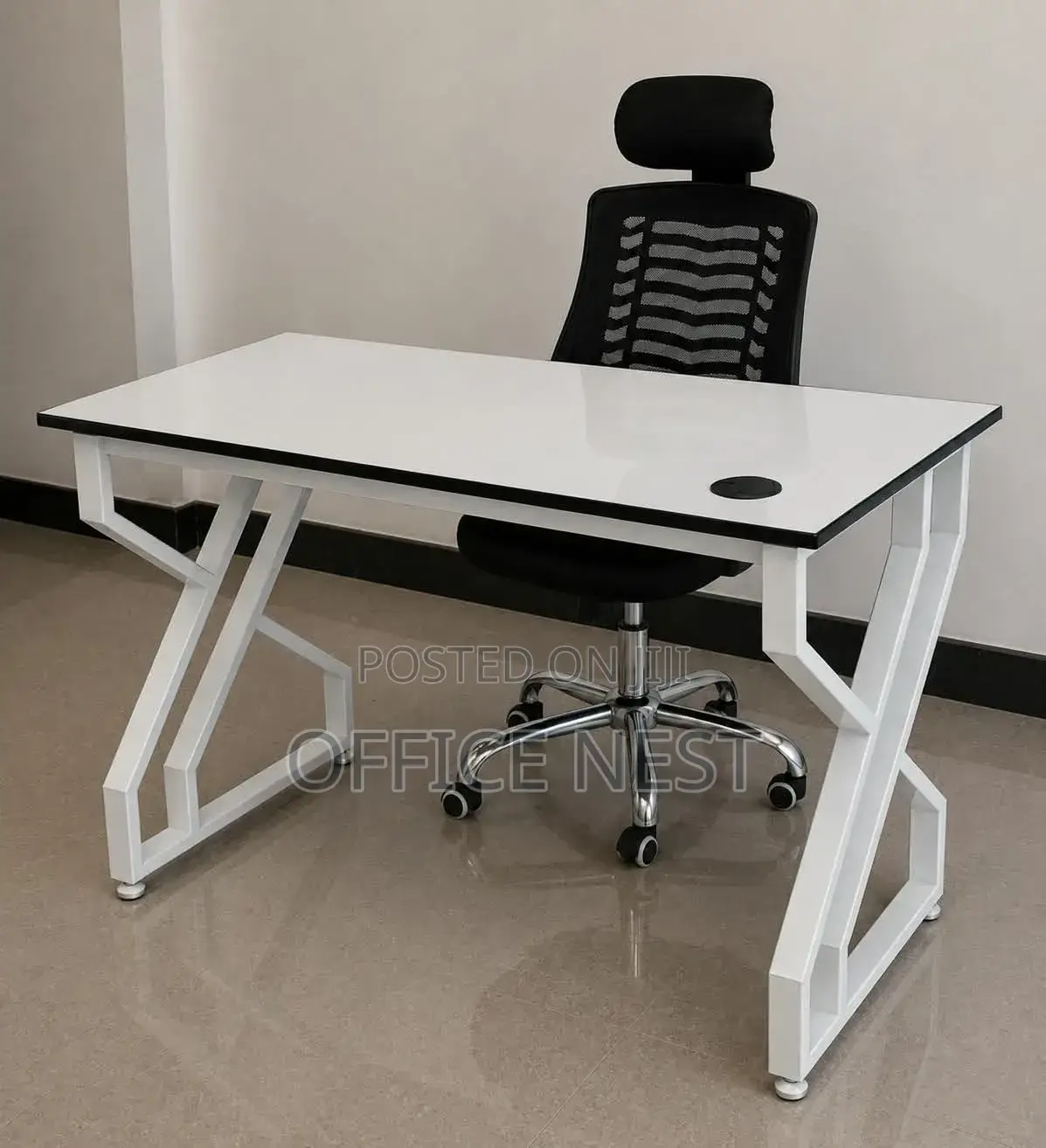 White Executive Computer Desk With Metal Frame & Headrest Chair