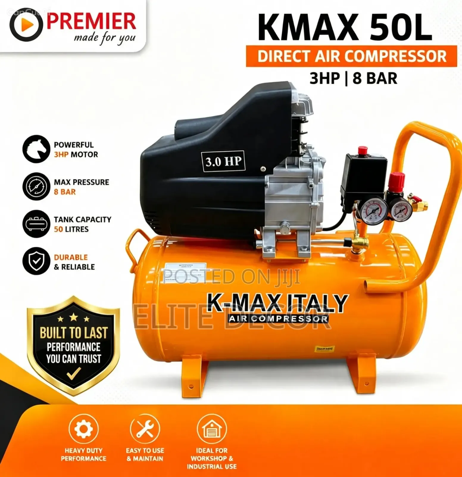 KMAX Italy 50L Direct Air Compressor – 3HP, 8 Bar