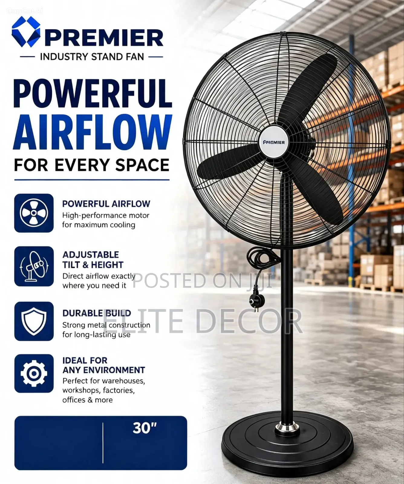 Premier 30” Industrial Stand Fan – Powerful & Heavy Duty